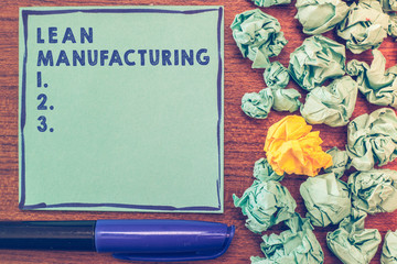 Conceptual hand writing showing Lean Manufacturing. Business photo showcasing Waste Minimization without sacrificing productivity.