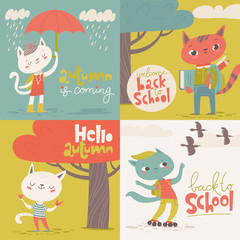 Set of four vector modern style welcome back to school designs with cartoon animals.