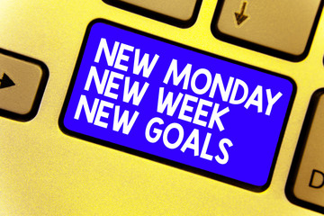 Word writing text New Monday New Week New Goals. Business concept for Be positive every start of the week Keyboard blue key Intention create computer computing reflection document