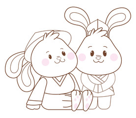 Rabbits celebrating mid autumn festival cartoons in black and white