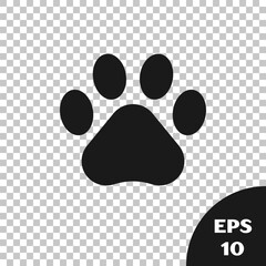 Black Paw print icon isolated on transparent background. Dog or cat paw print. Animal track. Vector Illustration - obrazy, fototapety, plakaty