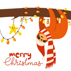 Vector Merry Christmas card with cute funny sloth