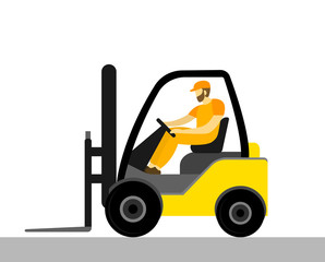 Forklift with a worker. Vector illustration in flat style.