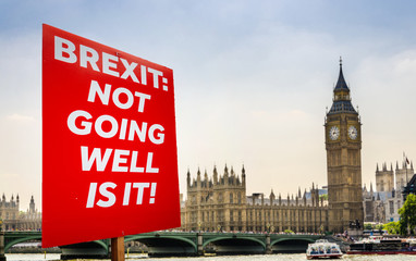 Anti-Brexit placard composite at Westminster, London, UK