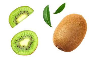 Fototapeta premium kiwi fruit with slices and green leaves isolated on a white background. top view
