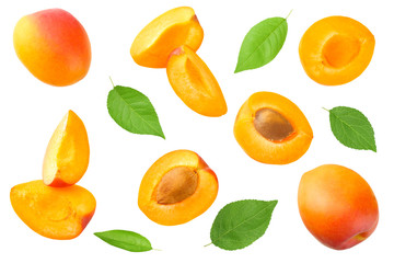 apricot fruits with slices and green leaf isolated on white background. top view