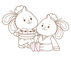 Rabbits celebrating mid autumn festival cartoons in black and white
