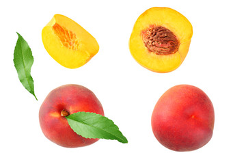 peach fruit with green leaf and slices isolated on white background. top view