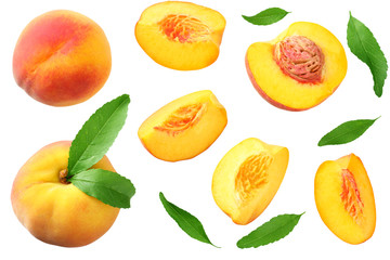 peach fruit with green leaf and slices isolated on white background. top view