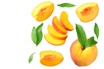peach fruit with green leaf and slices isolated on white background. top view