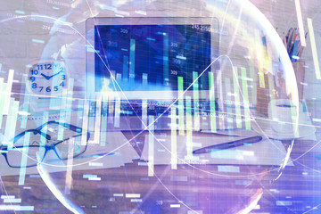 Fototapeta na wymiar Double exposure of business theme icons and work space with computer background. Concept of success.