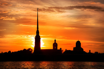 Symbol of Saint-Petersburg city Peter and Paul Fortress at sunset, Russia