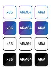 CPU architectures icons set. x86, ARM, ARM64.