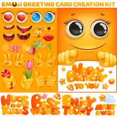 Birthday greeting card creation diy set. Yellow smile emoji cartoon character elements collection.
