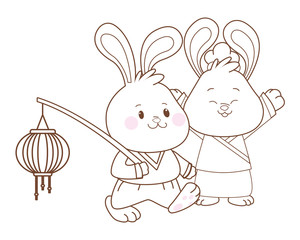 Rabbits celebrating mid autumn festival cartoons in black and white