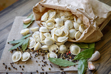 Homemade meat dumplings - russian pelmeni. frozen dumplings