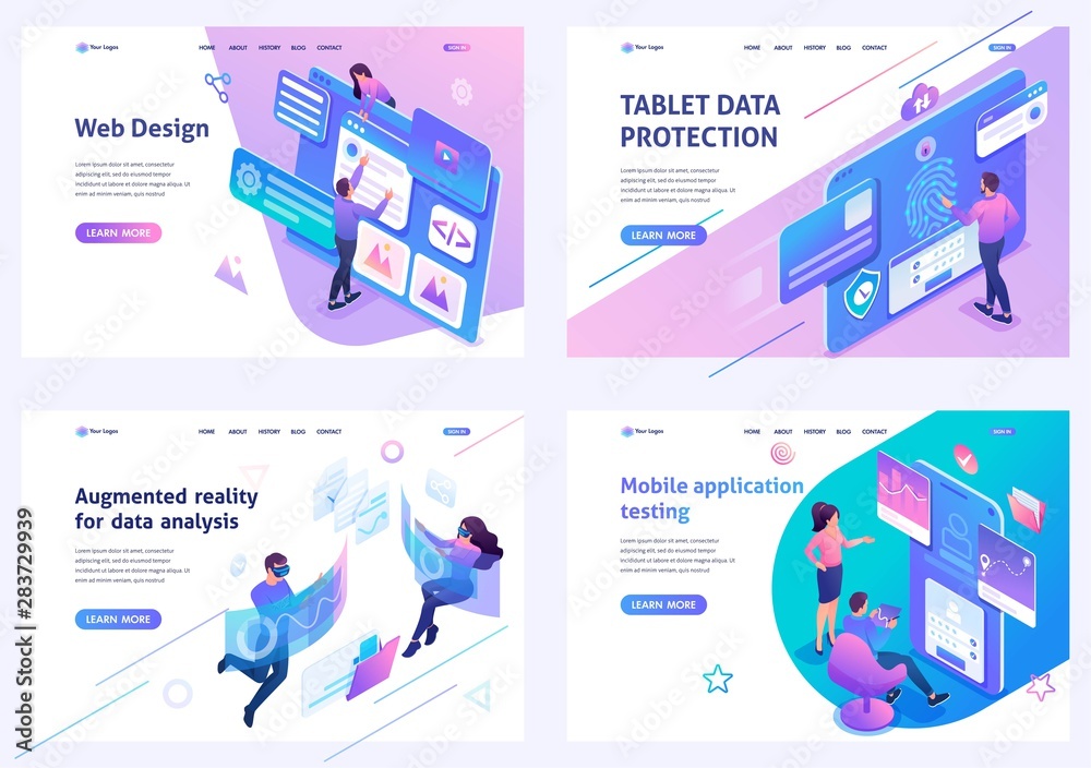 Wall mural set isometric landing pages, on the topic of web design, information security, mobile application te