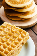 High angle waffles and pancakes close-up