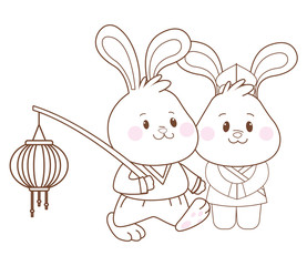 Rabbits in mid autumn festival cartoons in black and white