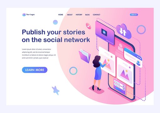 Isometric concept Publish your stories on the social network,a young girl puts her photos on the Internet. Training of a young man. Template landing page for website1
