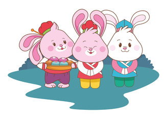 Naklejka premium Rabbits celebrating mid autumn festival cartoons