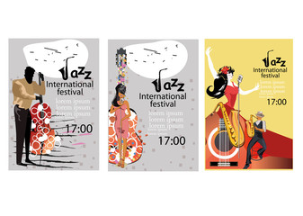 Abstract colorful musical poster design with musicians, musical waves and dancers. Hand drawn vector illustration