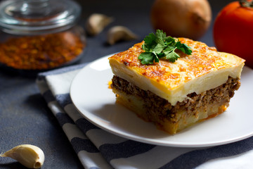 Greek moussaka with ground beef and potatoes