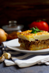 Greek moussaka with ground beef and potatoes