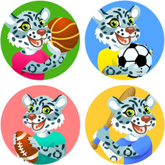 Fototapeta premium Sport emblems for basketball, soccer, American football and baseball with a wild snow leopard in the t-shirt as a sportsman