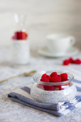 chia pudding with raspberries, light background