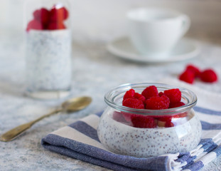 chia pudding with raspberries, light background