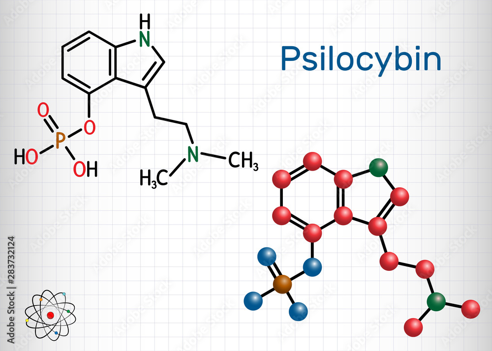 Poster Psilocybin alkaloid molecule. It is naturally psychedelic prodrug. Structural chemical formula and molecule model. Sheet of paper in a cage