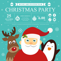 Christmas invitation card template with Santa claus and friends.