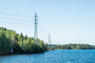 High-voltage line on the lake Saimaa. Lappeenranta, Finland.