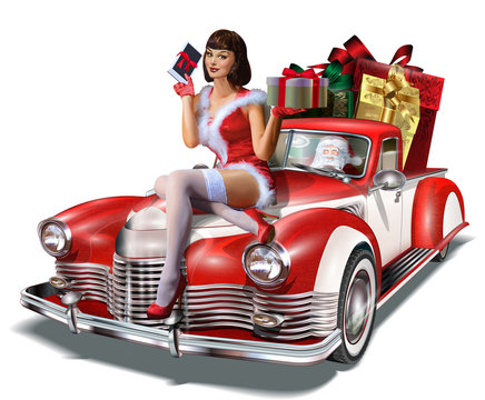 Christmas pin-up girl with gift box in hands  while sitting on retro car.