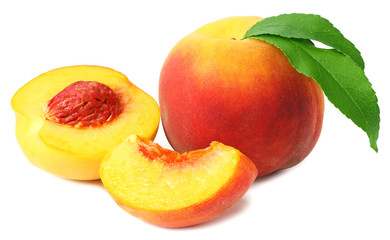 peach fruit with green leaves and slices isolated on white background