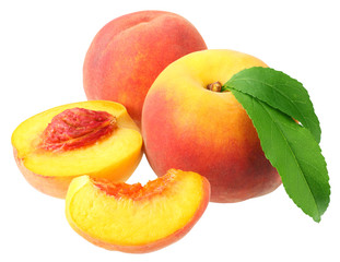 peach fruit with green leaves and slices isolated on white background
