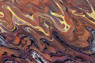 Blurred abstract background. Mixing different colors of paint. Cropped shot, horizontal, close-up, no people, free space. Design concept.