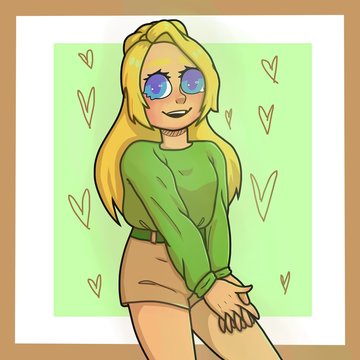 blonde girl in green. Green background. Hearts pattern. Girl with blue eyes. Beautiful girl. Brown sherts. Warm green sweater.
