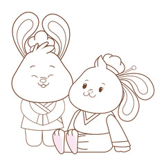 Rabbits in mid autumn festival cartoons in black and white