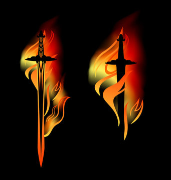 medieval sword with burning blade among fire flames - vector fantasy weapon design