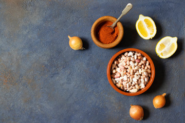 Prebranac ingredients. Balkan baked beans. Serbian, Montenegrin, Bosnian, Croatian and Slovenian cuisine. Uncooked beans, onion, lemon, paprika powder. Dark background. Top view. Space for text