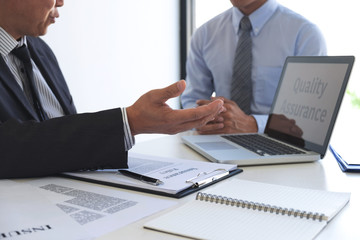 Fototapeta premium Agent man presentation and consulting life insurance detail to customer and waiting for his reply agreement to finish