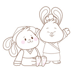 Rabbits in mid autumn festival cartoons in black and white
