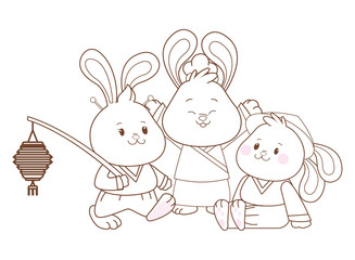 Rabbits celebrating mid autumn festival cartoons in black and white