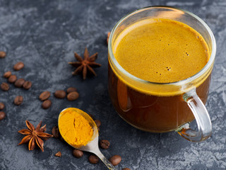 Oriental Coffee with turmeric, honey and cinnamon. Healthy drink. Without milk