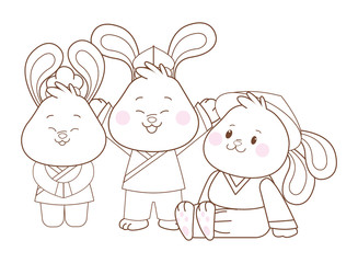 Rabbits celebrating mid autumn festival cartoons in black and white