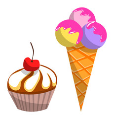 Sticker or logo of bakery cafe and ice-cream parlor with cupcake and frozen cream on white. Cafe or restaurant delicious symbol, dessert icon vector