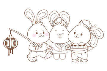 Rabbits celebrating mid autumn festival cartoons in black and white