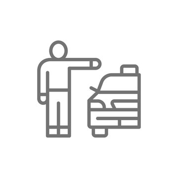Man catching taxi cab, hitchhiking line icon.